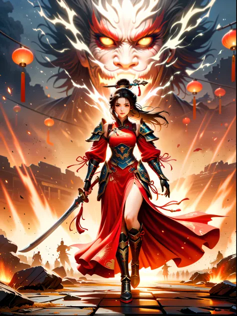 Chinese style, ancient battlefield, an ancient Chinese female general, holding a sword in her hand, grim expression, full body, ...