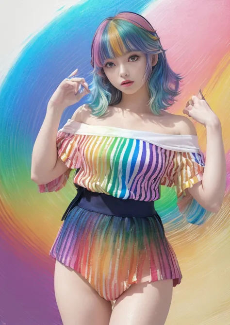 (pink fashion t-shirt:1.9)、pastel、(Colorful髪:1.8)、(all the colors of the rainbow:1.8)、((((Vertical painting:1.6)))、(painterly:1....