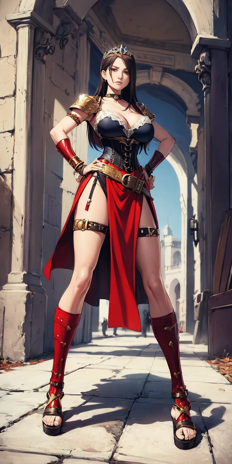pauldrons, breastplate, corset, eye focus, full body, whole body. 1solo . slave fighter, loincloth standing, hands on hips, metal sandals, backpack, choker, big belt, view from below, feet together, bracers, tiara)