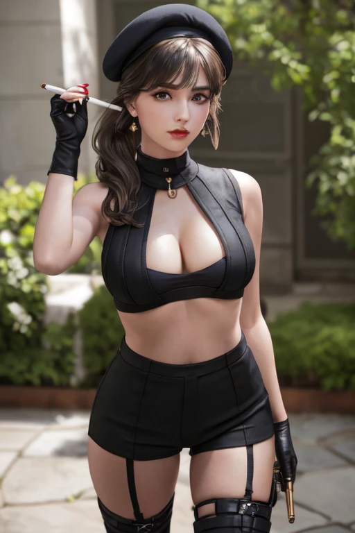  19 years old, (milf:0.8), (solo:1.5), (sfw:1.25), sexy breast, beautiful breasts, (medium tits:0.8), thin waist, big ass:1.0, Raised sexy, (black beret,black military jacket, open clothes, cleavage, midriff, black shorts, black thighhighs, thigh strap, fingerless gloves, single glove:1.2), blue eyes, light smile, big , Revimpling fabric, earrings, Hand gloves, detailed face,(hold a cigarette:1.1),long hair,side ponytail,hair between eyes,bangs,detailed and beautiful eyes,beautiful detailed lips,Rolling her eyes,manner,hair over one eye, (ultra high resolution, 8K RAW photo, photo realistics, thin outline:1.3, clear focus), best qualtiy, natural lighting, textile shading, field depth, (Bright pupils, fine detailed beautiful eyes with highlight:1.3, high detailed face), Red lip, fine realistic skins:1.1, looking down viewers:1.3, (dynamic angle:1.3, front view:1.1, breast focus:1.3, from above:1.2), (dynamic posing:1.5, sexy posing:1.2),Youghal, side lock, hair ornaments,nice,garden background,artistic rendering,Super detailed,(highest quality,4k,8K,High resolution,masterpiece:1.2),Bright colors,studio lighting ,at military base in usa
