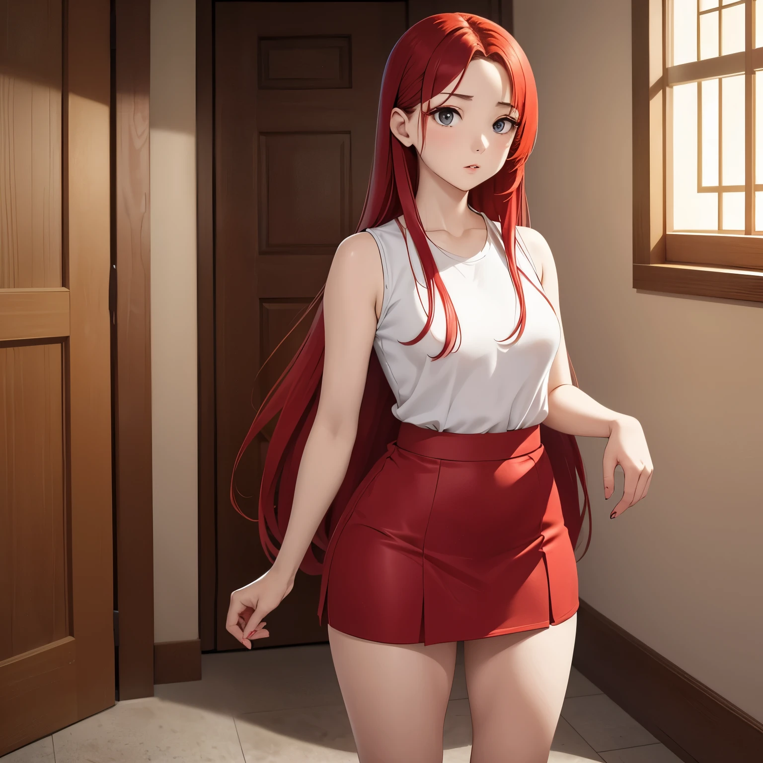 a young adult of Asian descent. she has long red hair, and her eyes are gray. she has a developed body with small breasts and wide hips. She has white skin and wears a short skirt with a white, low-cut, sleeveless shirt. The setting is a small room without many things, with a floor made of brown ceramics.