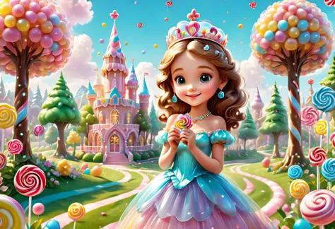 Draw the imaginary kingdom of Candyland,A girl wearing a pop-patterned dress like a candy wrapper will give you candy as a gift.,A tiara made of translucent candy:Attach colorful jewel-like candies,A flower with petals made of translucent candy,fancy,cute,...