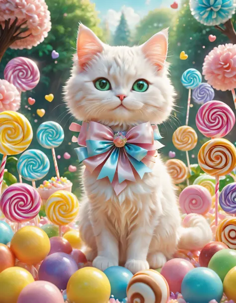 Draw the null kingdom candyland,A cat wearing a pop-patterned dress that resembles a candy wrapper will give you candy as a gift.,A flower with petals made of translucent candy,fancy,cute,Candy-bearing tree,pastel colour,Gentle colors,Children&#39;s happy ...