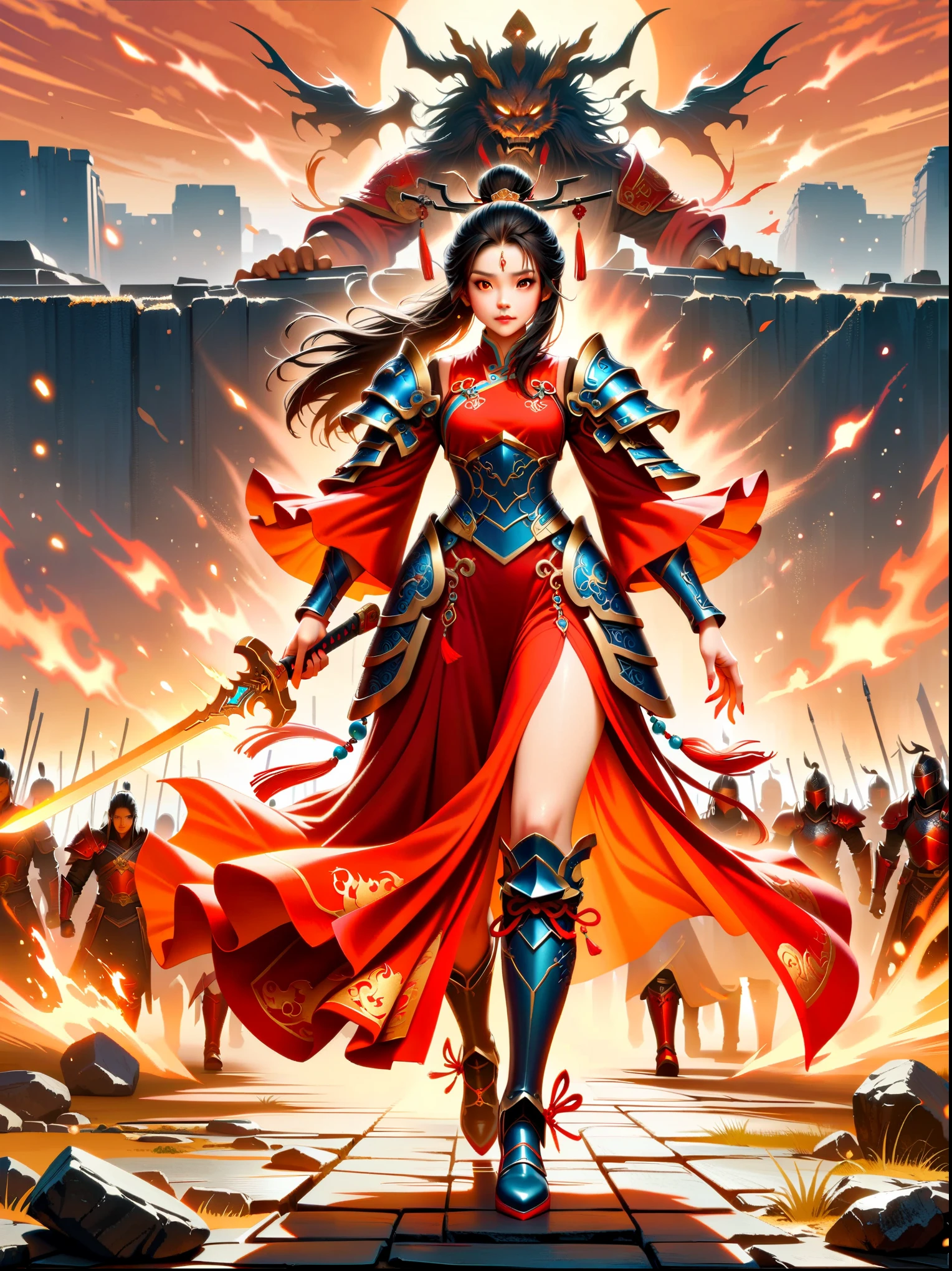 中国風, 古代の戦場, 古代中国の女性将軍, 手に剣を持っている, 厳しい表情, 全身, 素晴らしい顔立ち, 赤いローブ, 鎧, ブーツ, 空の黄砂, 火の光, ゲームモデル, 素晴らしい照明, ocレンダリング, シネマティックエッジライト, 繊細な光, 非常に詳細な, 壮大な構成, スーパーHD, 最高品質, 傑作, 高品質, 4k
