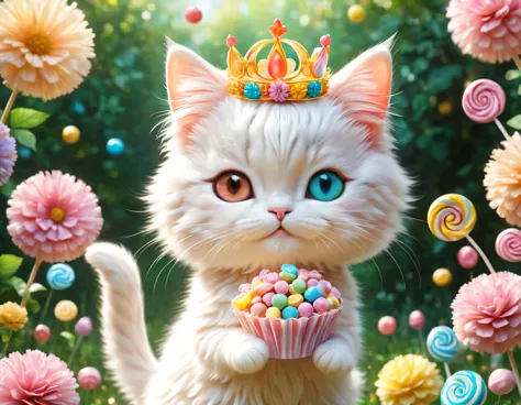 Draw the null kingdom candyland,A cat wearing a pop-patterned dress that resembles a candy wrapper will give you candy as a gift.,A flower with petals made of translucent candy,fancy,cute,Candy-bearing tree,pastel colour,Gentle colors,Children&#39;s happy ...