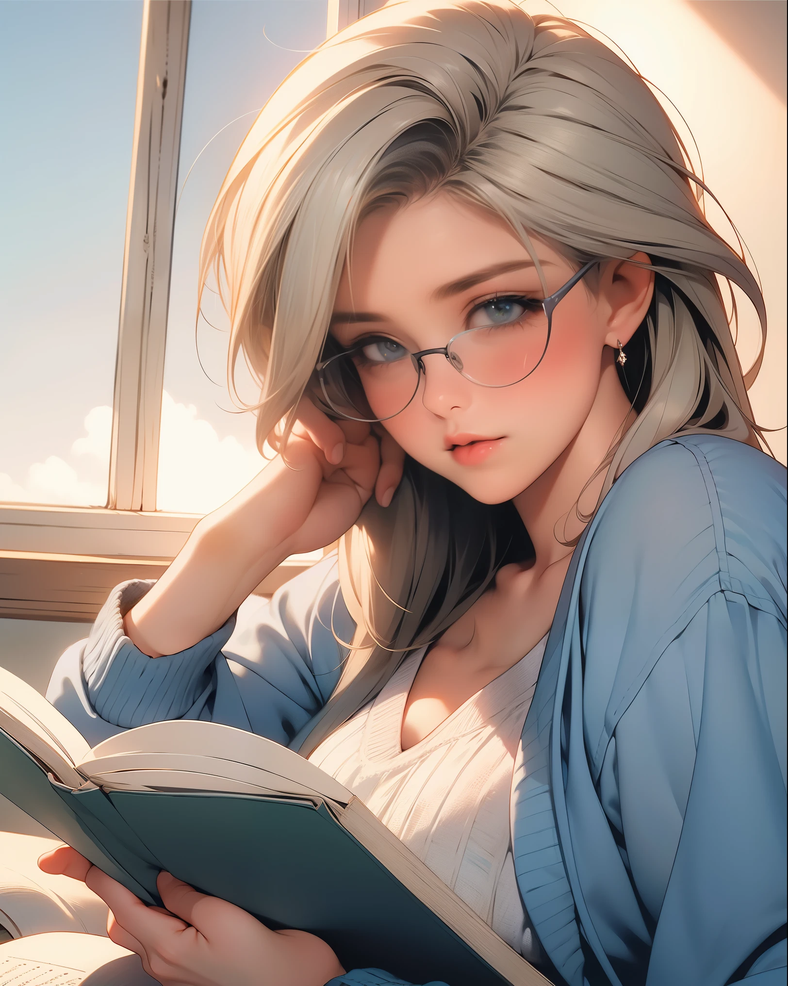 (Melhor qualidade, ultra-detalhado), a girl reading a textbook, lindos olhos detalhados, (olhos verdes:1.2), beautiful detailed lips, long eyelashes, Estudo, uma biblioteca tranquila, soft natural lighting, estantes cheias de livros, enrolado em uma poltrona aconchegante, reading glasses, concentrated expression, cabelo solto, (cabelo branco:1.3), plaid skirt and blue sweater, high resolution image, cores vivas, ultra-realistic, Fotorrealista, fotografia, photogenic, Bokeh.