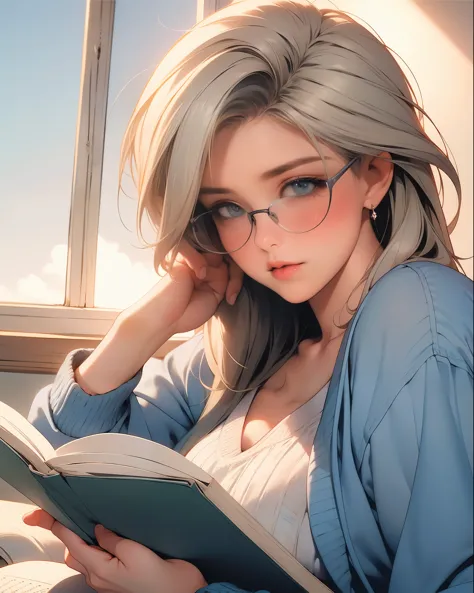 (Melhor qualidade, ultra-detalhado), a girl reading a textbook, lindos olhos detalhados, (olhos verdes:1.2), beautiful detailed ...