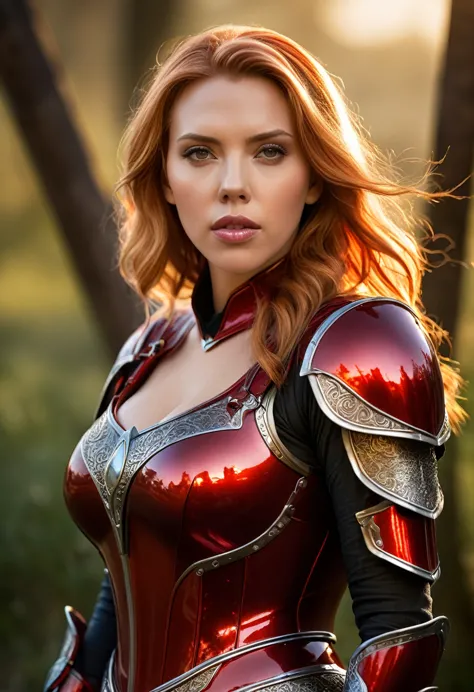 masterpiece, Beautiful Scarlett Johansson, (delicate red transparent armor), (Big breasts), (perfect body), (redhead blonde, lon...