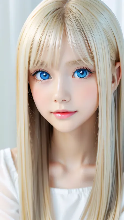 Exceptional sexy beauty、Beautiful calm and bright expression、sexy refreshing look、Perfect beautiful cute face with long bangs、Super long shiny platinum blonde straight hair、beautiful face hair、Very cute beautiful sexy young little woman、very perfect beauti...