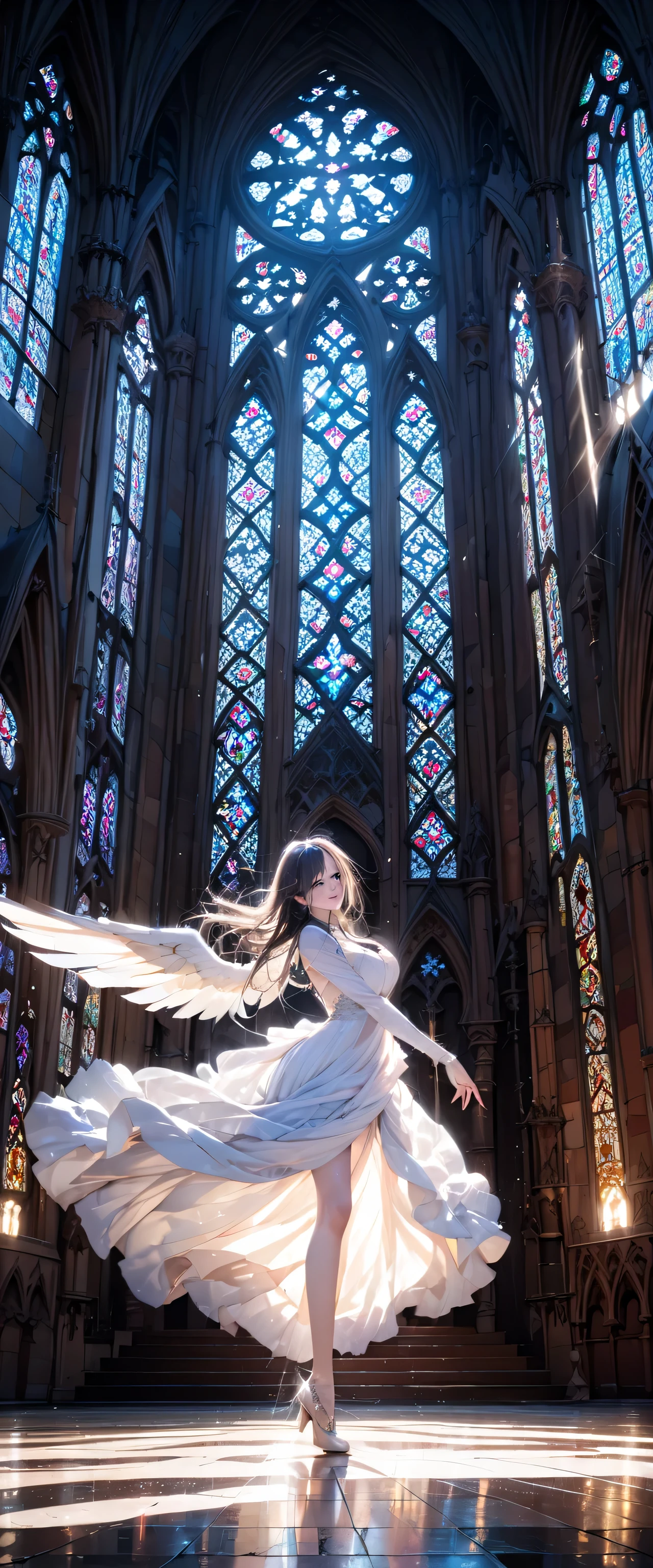 (Close-up:1.4)、(RAW photo:1.2)、(photorealistic:1.4)、(masterpiece:1.3)、(highest quality:1.4)、Huge stained glass、Huge Gothic church、(A beautiful angel dances like a god:1.3)、Very shining、illumination、light shines、