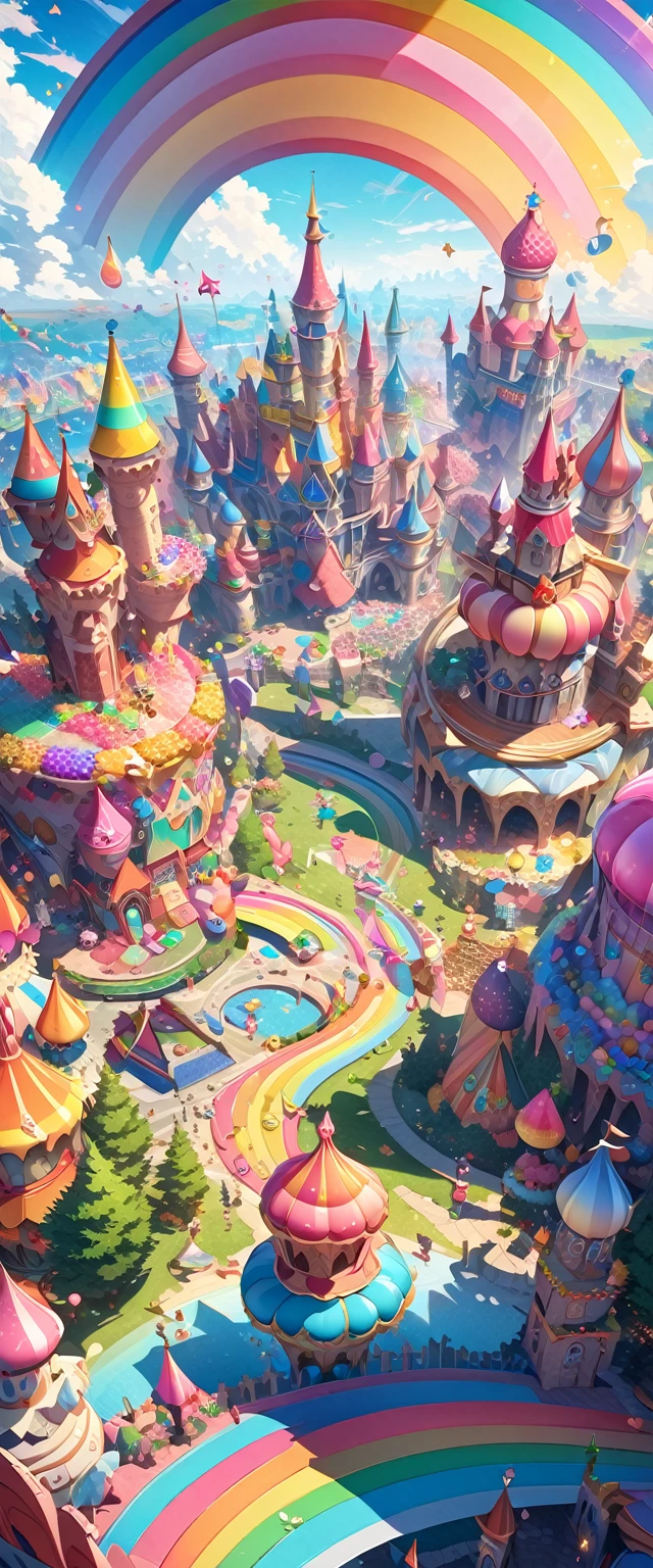 ((masterpiece, highest quality, Highest image quality, High resolution)), ((Extremely detailed CG unified 8k wallpaper)), Candyland, Candy Kingdom, Candy Castle, A fairy tale world, lined with houses of candy and a rainbow of juice fountains, Colorful, pop, fantasy, dreamy, Smile,