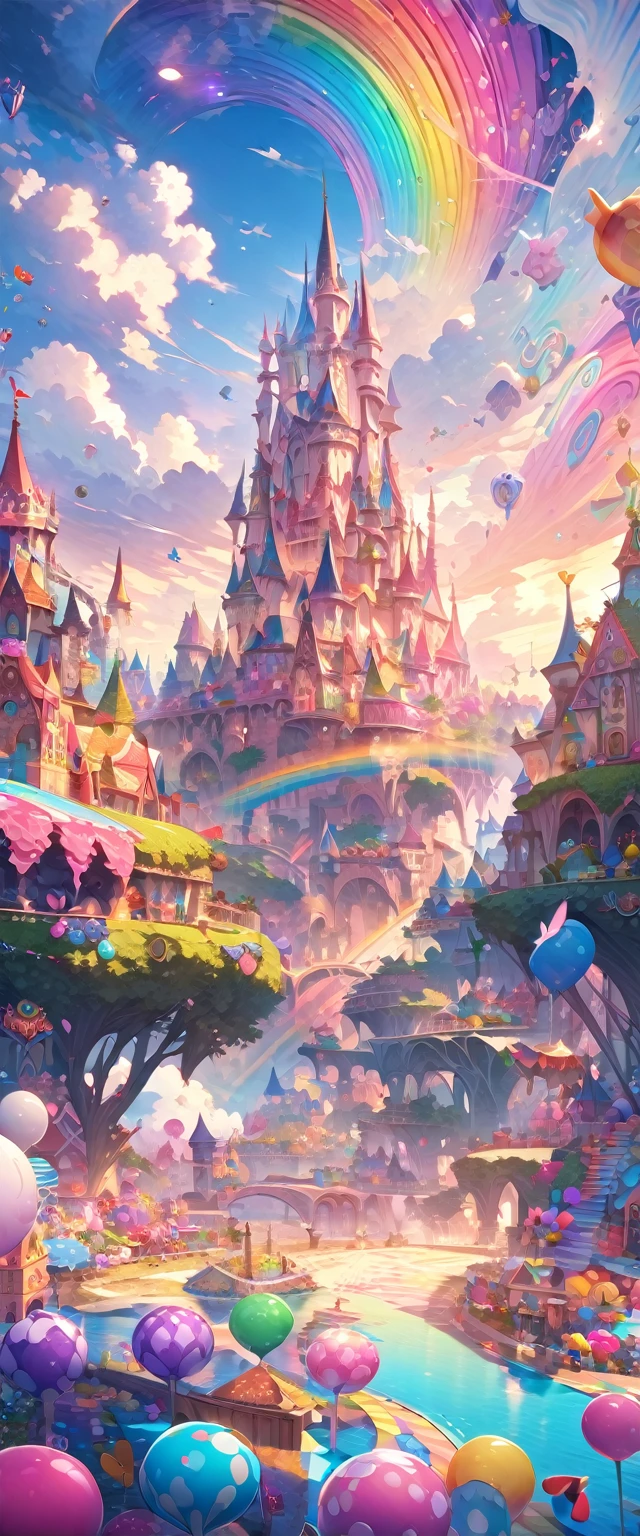 ((masterpiece, highest quality, Highest image quality, High resolution)), ((Extremely detailed CG unified 8k wallpaper)), Candyland, Candy Kingdom, Candy Castle, A fairy tale world, lined with houses of candy and a rainbow of juice fountains, Colorful, pop, fantasy, dreamy, Smile,