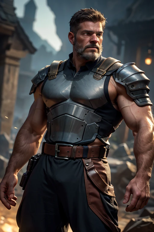 An award-winning original photo，A wild muscular man, (40 years old daddy:1.1), 1boy, Solo, (sleeveless fantasy style armor), (black trouser), (big shoulders), musculature, stubbles, Short beard, Beautiful eyes:1.3, ), (Detailed face:1.3), grumpy face, Dynamic Angle, volumetric lighting, (Best quality, A high resolution, Photorealistic), Cinematic lighting, Masterpiece, RAW photo, Intricate details, hdr, depth of field, upper body shot, kingdom background