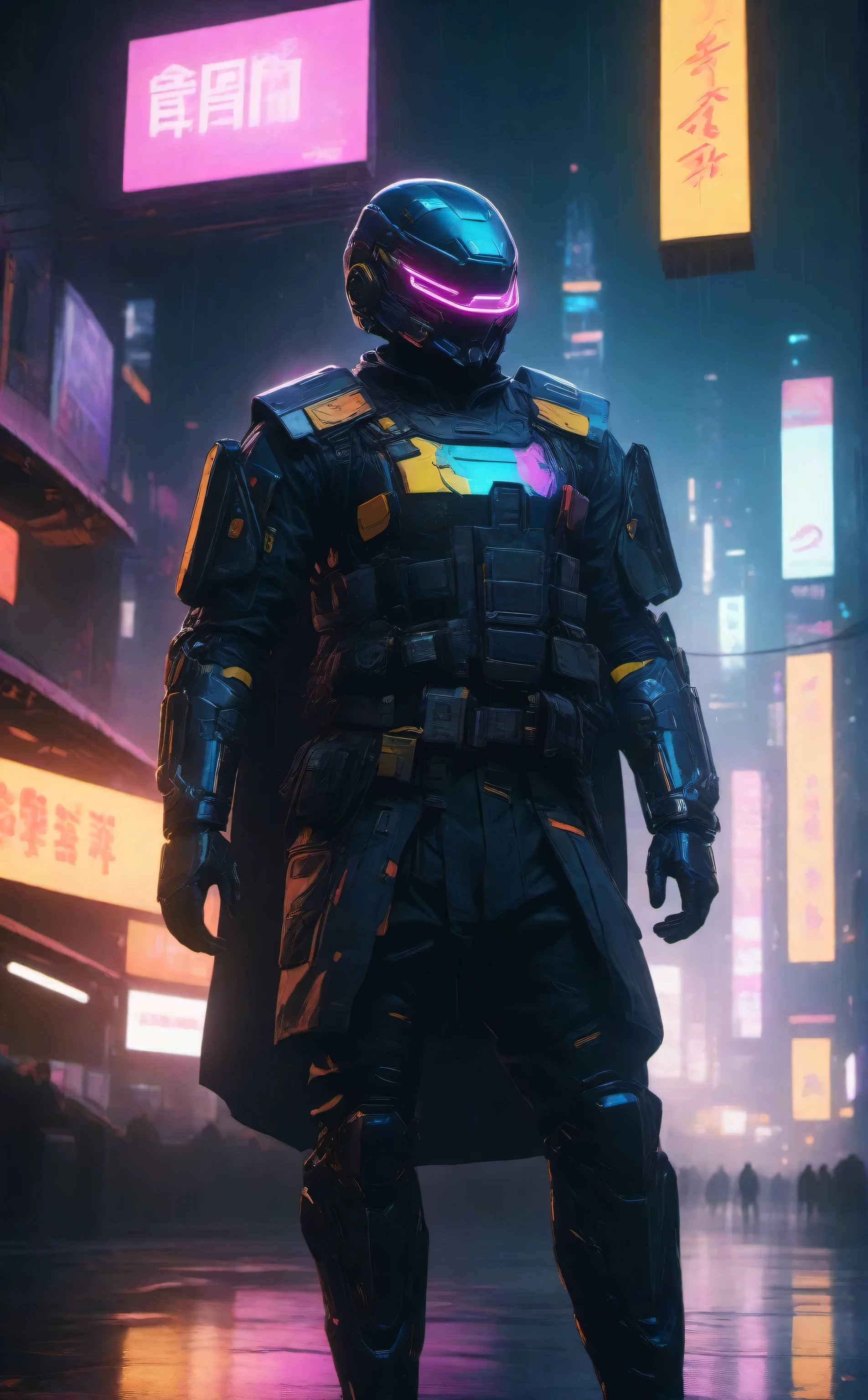 cinematic photo a man with a helmet with a tactical armour, Tactical vest with ammo pouches, A black cape behind him flowing in the wind, Utility belt, side view, full body,cyberpunk background . 35mm photograph, film, bokeh, professional, 4k, highly detailed high-res, masterpiece, best quality, futuristic outfit, Neon Samurai, Cyberpunk neon, the night, {{(tmasterpiece),(extremely detailed CG unified 8k wallpaperest quality at best,movie lighting,detailedbackground,