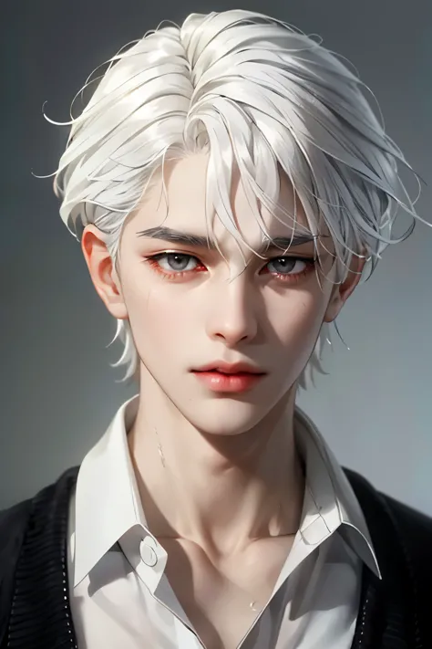 boy, white hair, gray eyes, sharp features, white skin, black sweater