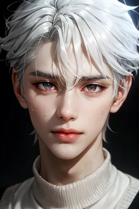 Boy, white hair, gray eyes, sharp features, white skin, black sweater