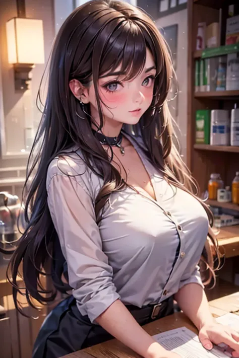Italian girl, 25 years old, long brown hair dressed as a busty chemist

