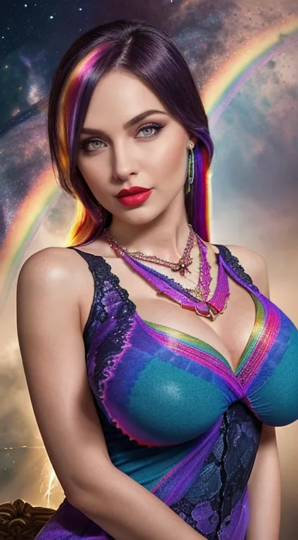 A beautiful and sexy 20-year-old girl, wearing an ultra-thin red dress, a diamond-embellished dress, ((long rainbow-dyed hair:1....