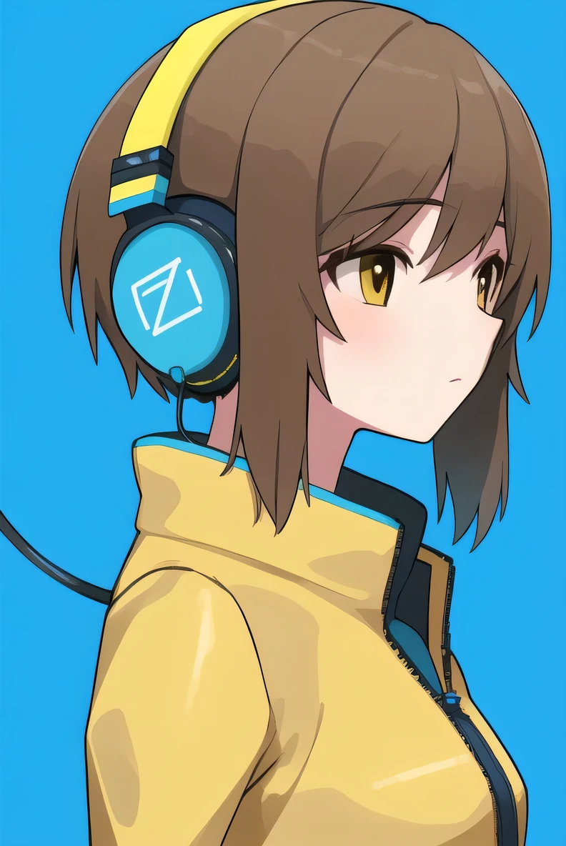 woman　blue background　brown hair　Yellow Jacket　headphone