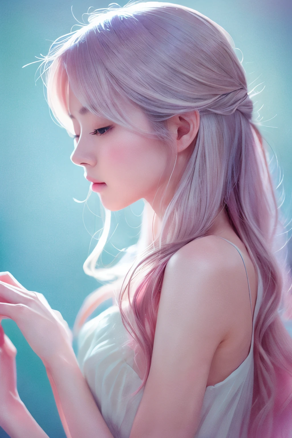 Skinny Japanese lady, soft color palette, beautiful lady, shy expression, illustration, (best quality, ultra-detailed), pastel tones, gentle lighting, flowing hair, delicate features, dreamy atmosphere