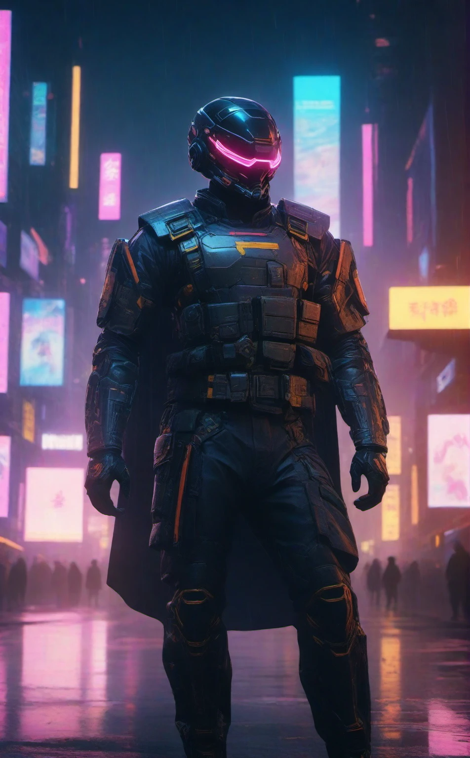 cinematic photo a man with a helmet with a tactical armour, Tactical vest with ammo pouches, A black cape behind him flowing in the wind, Utility belt, side view, full body,cyberpunk background . 35mm photograph, film, bokeh, professional, 4k, highly detailed high-res, masterpiece, best quality, futuristic outfit, Neon Samurai, Cyberpunk neon, the night, {{(tmasterpiece),(extremely detailed CG unified 8k wallpaperest quality at best,movie lighting,detailedbackground,