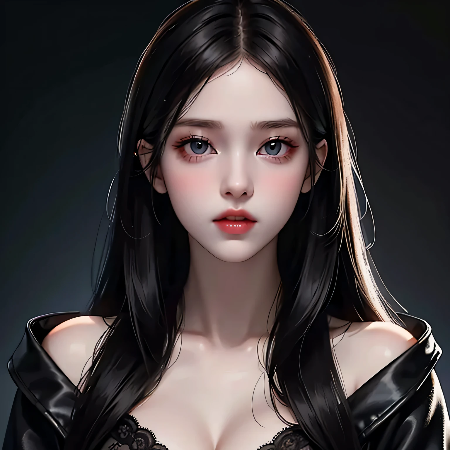 Beautiful girl with realistic black eyes, pale skin, medium length black hair, perfect face, perfect eyes, wearing a coat, very detailed, comprehensive movie, digital painting, 8K, cinematic lighting, highest quality, High resolution, Great job!, Post-processing, perfect result, surreal，(((revealing clothes)))，big breasts，NSFW:1.5