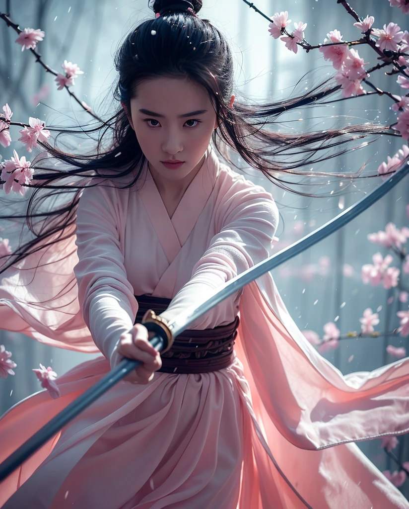 sword sakura,Predominant_Body,1 girl,arms,sword,black hair,flower petals,樱flower,long hair,Chinese clothes,vague,OK,hair accessories,Keep arms,looking at the audience,Keep sword,Keep,long sleeves,facial markings,single OK,flower, Outdoor sports,Best quality,masterpiece,illustration,extremely delicate and beautiful,CG,unity,8k wallpaper,amazing,fine details,masterpiece,official art,Very detailed CG unity 8k wallpaper,Extremely ridiculous,File size is large,super detailed,high resolution,Very detailed,Beautiful and delicate girl,actual,rain, wet, transparent silk hanfu, show breast, show nipples, clean areola