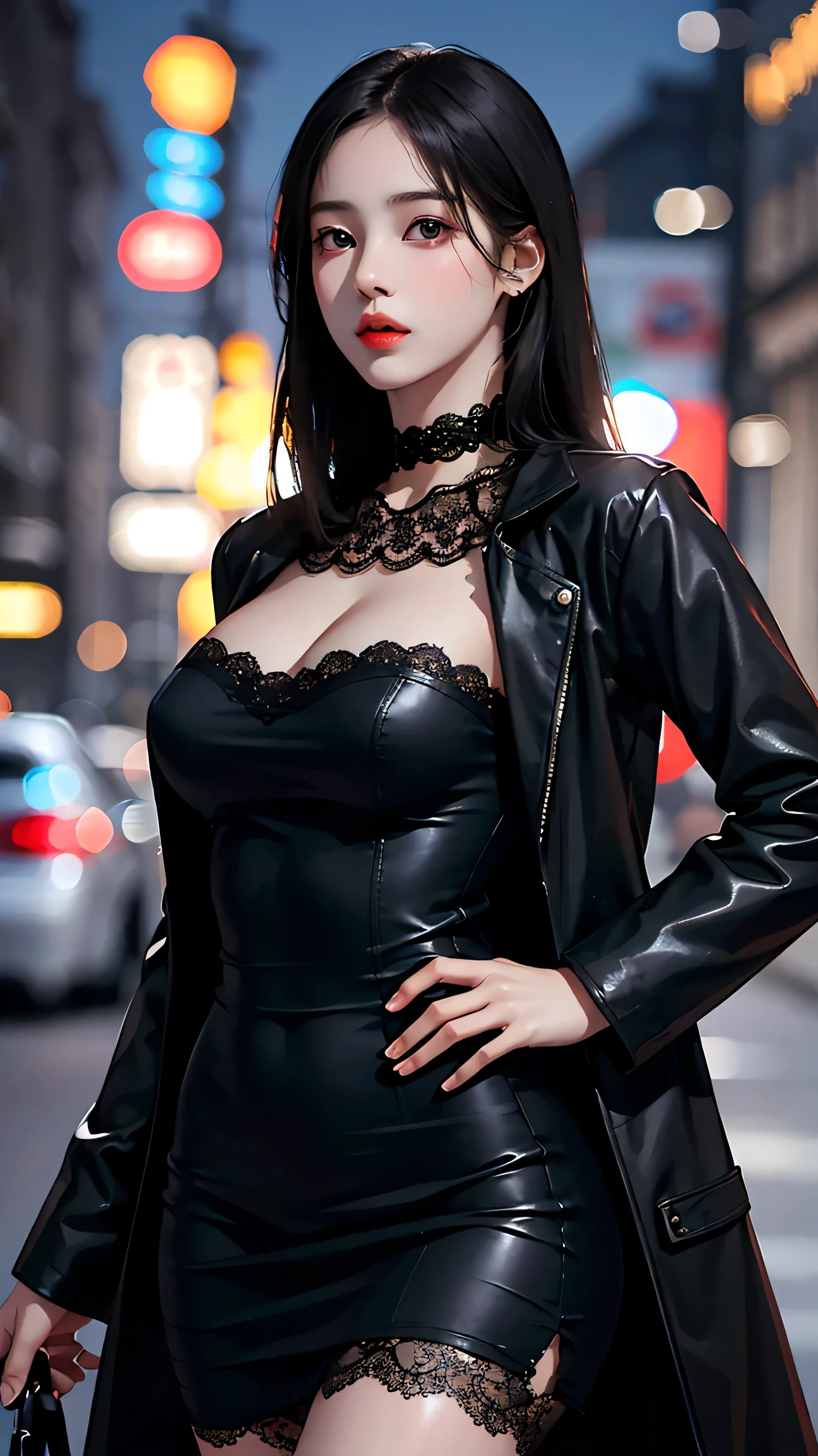 Beautiful girl with realistic black eyes, pale skin, Long black hair, perfect face, perfect eyes, ((Wearing a black coat)),((Sexy lace tight dress)) very detailed, comprehensive movie, digital painting, 8K, cinematic lighting, highest quality, High resolution, Great job!, Post-processing, perfect result, surreal，(((revealing clothes)))，big breasts，choker