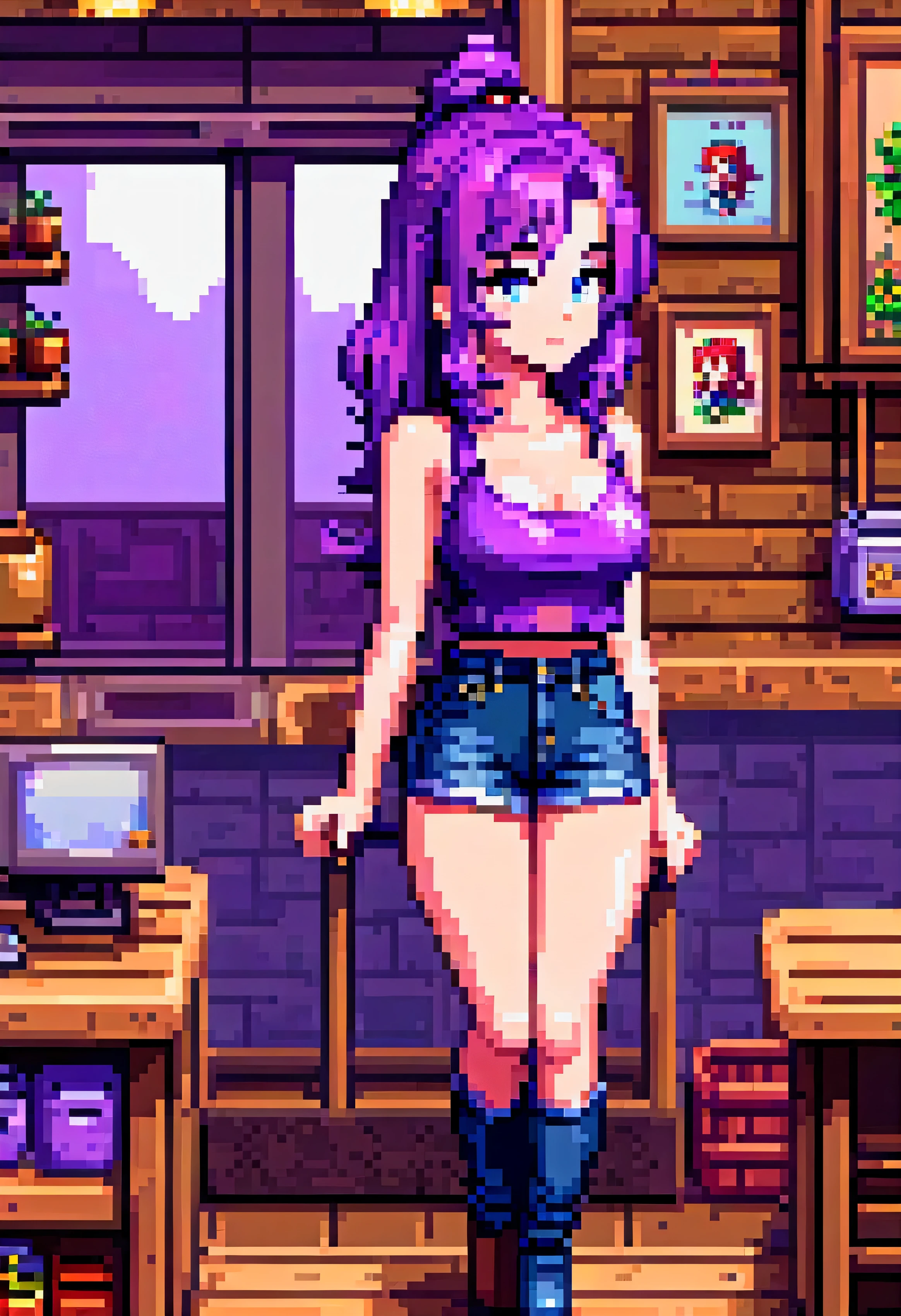 A woman in a purple top and shorts standing in a room - SeaArt AI