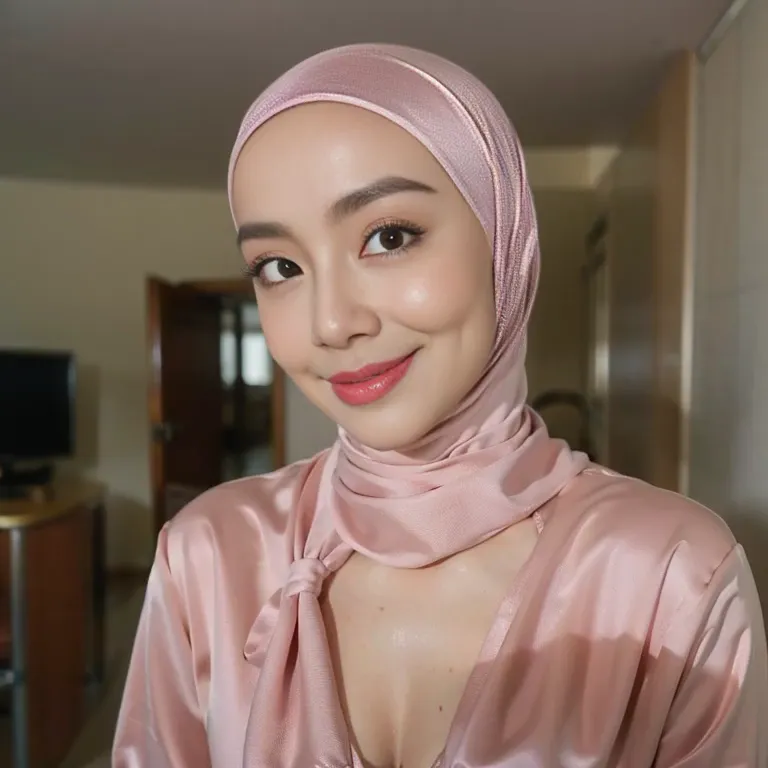 1 matured malay girl in hijab wear sexy satin bra , nighttime,, close-up, seducing, big sagging breast, cum on face, (8k, raw ph...