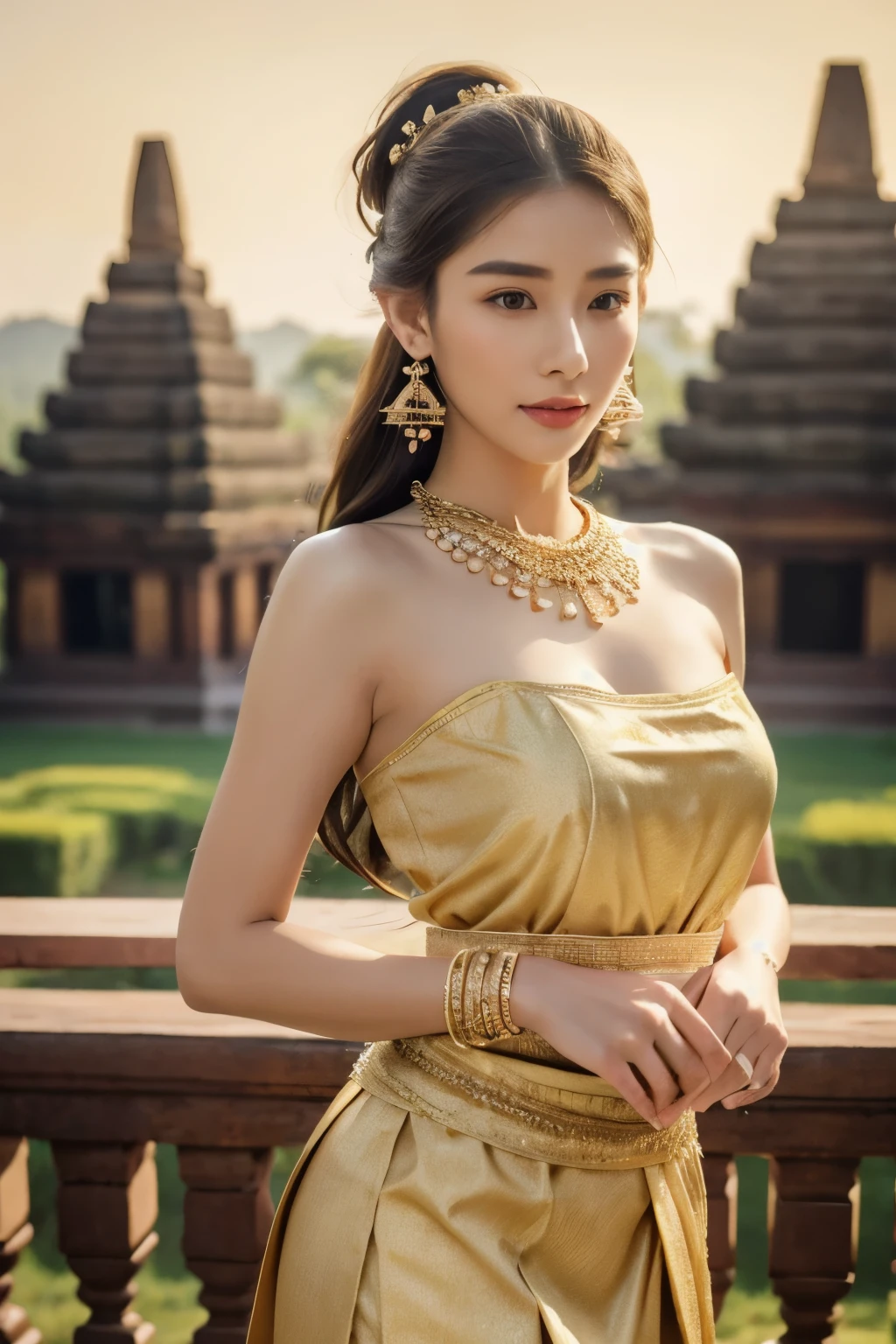 A beautiful young woman of Tai Khun descent, adorned in a meticulously crafted Keng Tong Tai Khun traditional outfit, stands gracefully against the backdrop of the majestic Bagan temples. Her attire shimmers with intricate embroidery and gold accents, each element carefully chosen to reflect the rich cultural heritage of her people.

Details:

Facial features: The woman's face is radiant and youthful, with delicate features and captivating eyes that sparkle with warmth and intelligence. Her hair is styled in a messy bun adorned with fresh flowers and secured with a gold pin, adding a touch of elegance and whimsy.
Traditional outfit: The Keng Tong Tai Khun outfit is a top tank style masterpiece of craftsmanship, featuring vibrant silks, intricate embroidery, and delicate gold embellishments. The long, flowing skirt cascades gracefully around her legs, while the fitted bodice accentuates her slender figure. A traditional headdress adds a regal touch to her ensemble.
Accessories: The woman's beauty is further enhanced by a dazzling array of traditional jewelry. Bangle bracelets encircle her wrists, a statement necklace adorns her neck, and delicate earrings dangle from her ears. Each piece is intricately crafted and adds a touch of luxury to her overall look.
Bagan temples background: The ancient Bagan temples provide a breathtaking backdrop for the portrait. Their weathered brickwork and towering spires add a touch of grandeur and mystery to the scene. The warm hues of the sunrise or sunset bathe the temples in a golden glow, creating a truly magical atmosphere.