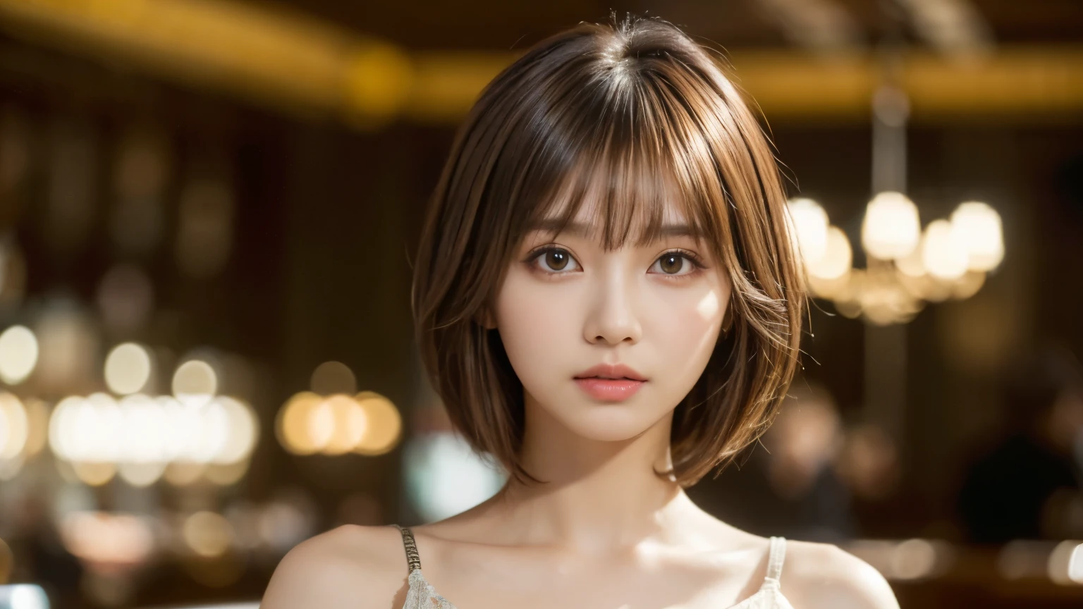 (masterpiece, Super detailed, very detailed, exquisite, 16k, confused), woman, 19 years old, glamorous, (Refreshing breeze:1.4), looking at the viewer, short hair, messy hair, diagonal bangs, brown hair, brown eyes, Upper body, cinematic lighting, Blurry background in focus, inside a stylish cafe, Urban Cafe 