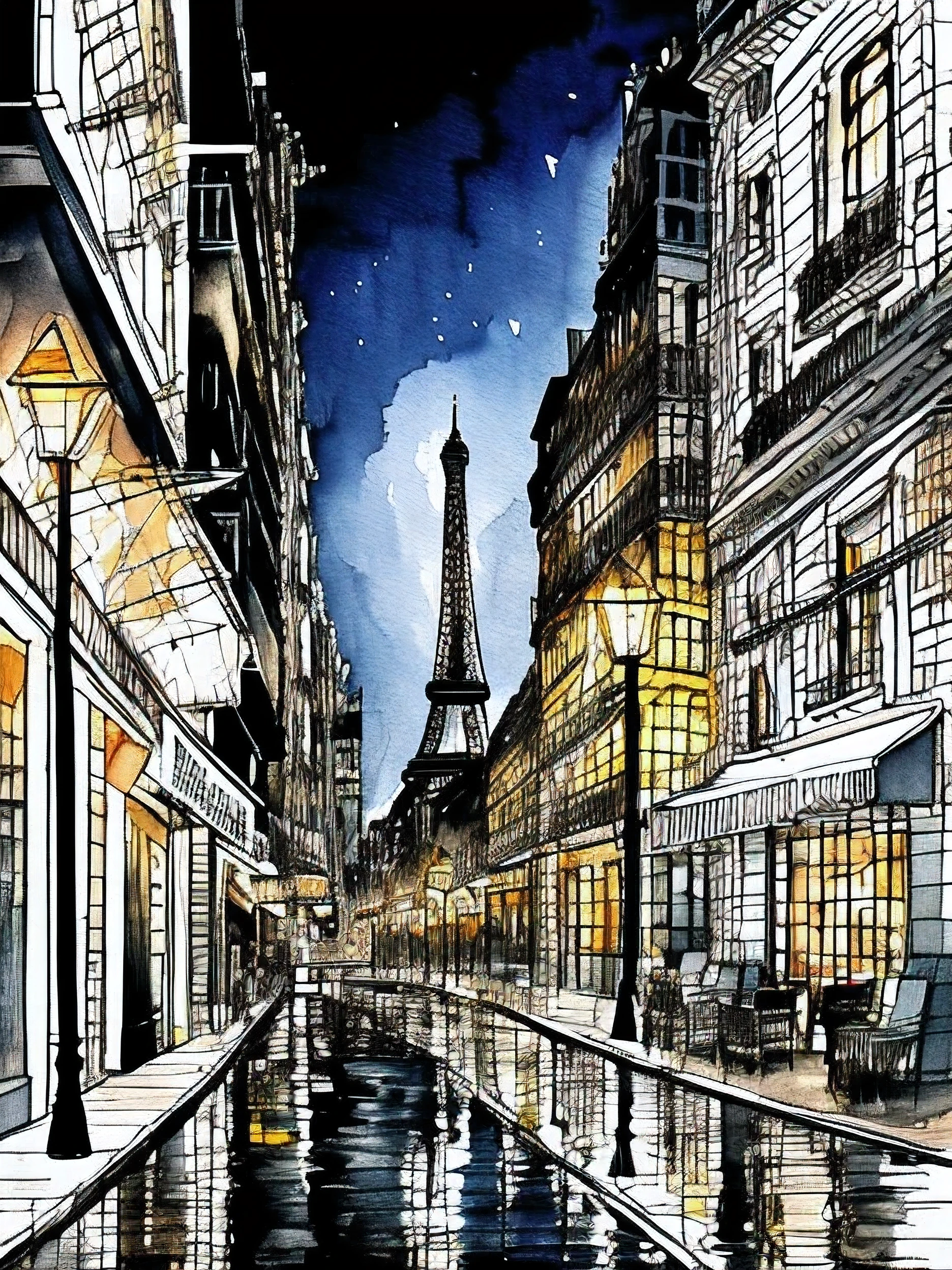 The night scenery,The buildings are illuminated by streetlights,The streets of Paris,Stylish cut, postcard, artistic,Scribble style,Clear, bold, thick outlines, fashion design sketch, female,Slim tail,Rough coloring, watercolor painting