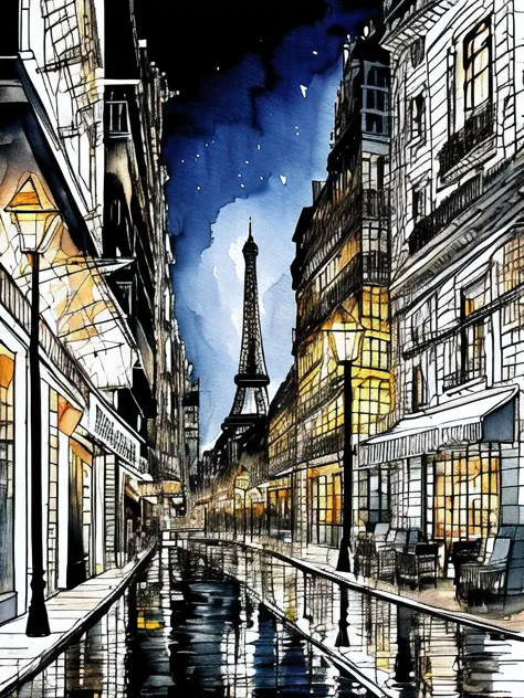 The night scenery,The buildings are illuminated by streetlights,The streets of Paris,Stylish cut, postcard, artistic,Scribble st...