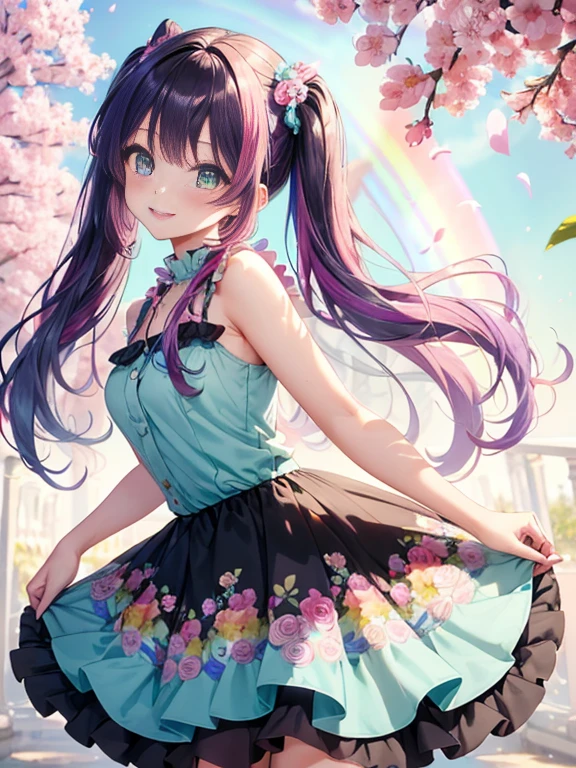 小さなgirl、The arrival of spring、big ass、 (alone:1.5,)Super detailed,bright colors, very beautiful detailed anime face and eyes, look straight, ;d, shiny_skin,girl,(((rainbow colored hair, colorful hair, Half black、half pink hair: 1.2)))  、forehead is exposed.、green eyes、、shiny hair, delicate beautiful face, blush、(turquoise eyes), White skin, Valletta, earrings,、blue flower field、(((Pink ruffled dress with floral print、purple mini skirt)))、twin tails、smile、smile、Face dyed red