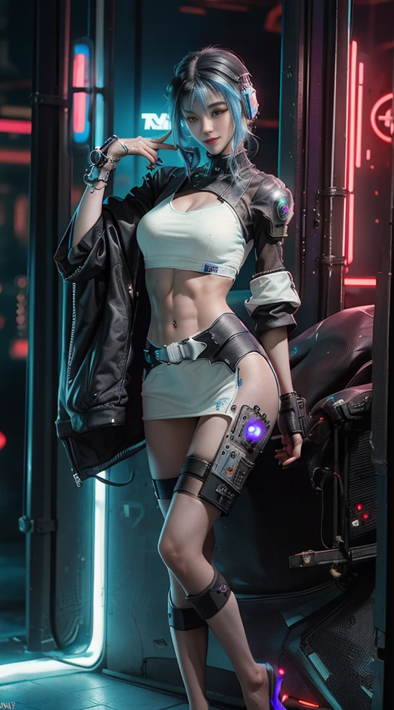 ((highest quality)), ((masterpiece)), (be familiar with:1.4), 3D, (((Beautiful cyberpunk woman image、 Photo texture:1.5))), ((highest quality, 8K, masterpiece :1.3)), real beauty, smile, medium breasts、Slim Full Body, slim face, Beautiful woman,HDR 、cyberpunk background、(high dynamic range),ray tracing,NVIDIA RTX,super resolution,real 5,Scattered beneath the surface,PBR texturing,Post-processing,anisotropic filtering,Depth of the bounds written,Maximum clarity and sharpness,multilayer texture,Albedo and specular maps,surface shading,Accurate simulation of light-matter interactions,perfect proportions,octane rendering,two-tone lighting,wide aperture,Low ISO,White balance,Rule of thirds,8K RAW,（((Sexy thighs are visible、No sleeve、High leg、beautiful abs))）