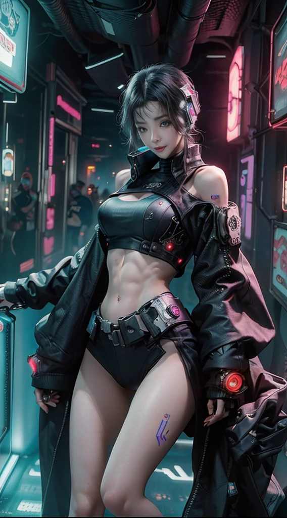 ((highest quality)), ((masterpiece)), (be familiar with:1.4), 3D, (((Beautiful cyberpunk woman image、 Photo texture:1.5))), ((highest quality, 8K, masterpiece :1.3)), real beauty, smile, medium breasts、Slim Full Body, slim face, Beautiful woman,HDR 、cyberpunk background、(high dynamic range),ray tracing,NVIDIA RTX,super resolution,real 5,Scattered beneath the surface,PBR texturing,Post-processing,anisotropic filtering,Depth of the bounds written,Maximum clarity and sharpness,multilayer texture,Albedo and specular maps,surface shading,Accurate simulation of light-matter interactions,perfect proportions,octane rendering,two-tone lighting,wide aperture,Low ISO,White balance,Rule of thirds,8K RAW,（((Sexy thighs are visible、No sleeve、High leg、beautiful abs))）