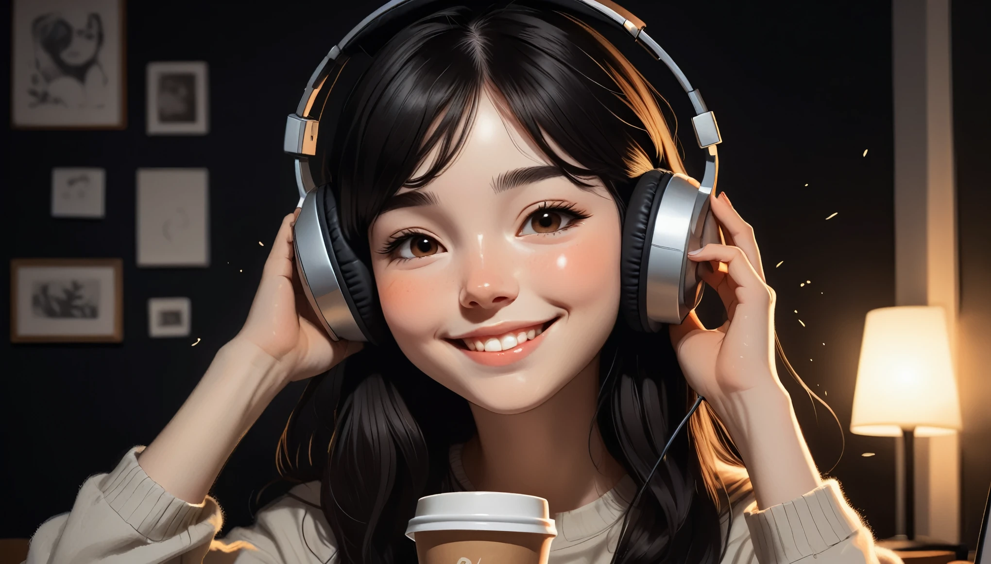 20 year old dark-haired woman、Being Calm、gentle light、black background、Coffee、head shot、Lo-Fi Illustration、a relaxing sight、In a warm room、I feel relieved、smile、Looks fun, with headphones on