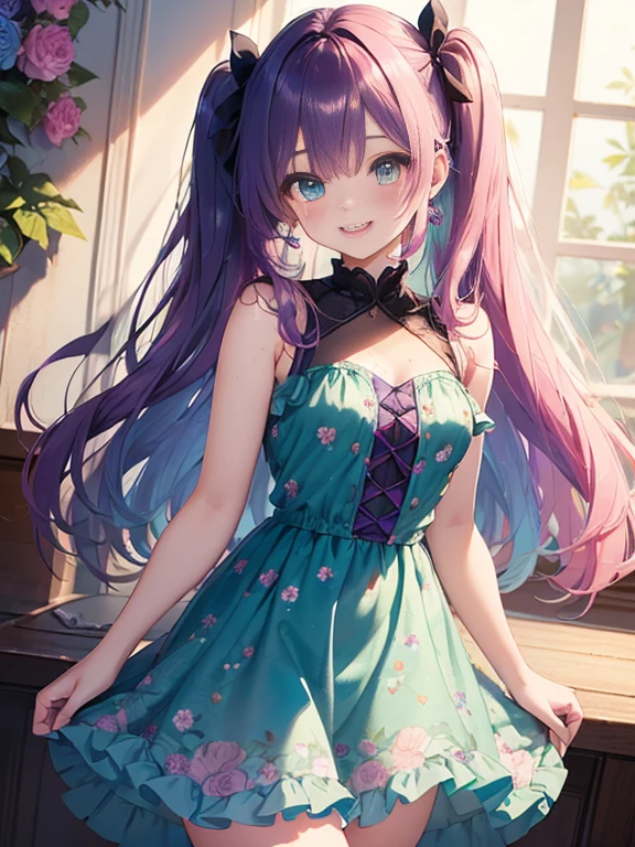 小さなgirl、The arrival of spring、big ass、 (alone:1.5,)Super detailed,bright colors, very beautiful detailed anime face and eyes, look straight, ;d, shiny_skin,girl,(((rainbow colored hair, colorful hair, Half black、half pink hair: 1.2)))  、forehead is exposed.、green eyes、、shiny hair, delicate beautiful face, blush、(turquoise eyes), White skin, Valletta, earrings,、blue flower field、(((See-throughｍPink ruffled dress with floral print、purple mini skirt)))、twin tails、smile、smile、Face dyed red