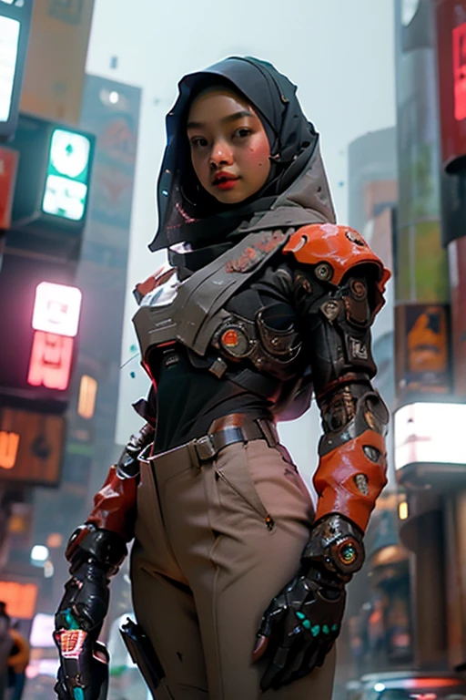 a malay teenage girl in hijab and mecha suit standing in action in front of bustling kuala lumpur malaysia city streets, serious face, nighttime, 35mm lens, Extreme close-up, pastel color grading, depth of field cinematography effect, film noir genre, 8k resolution, high quality, ultra detail