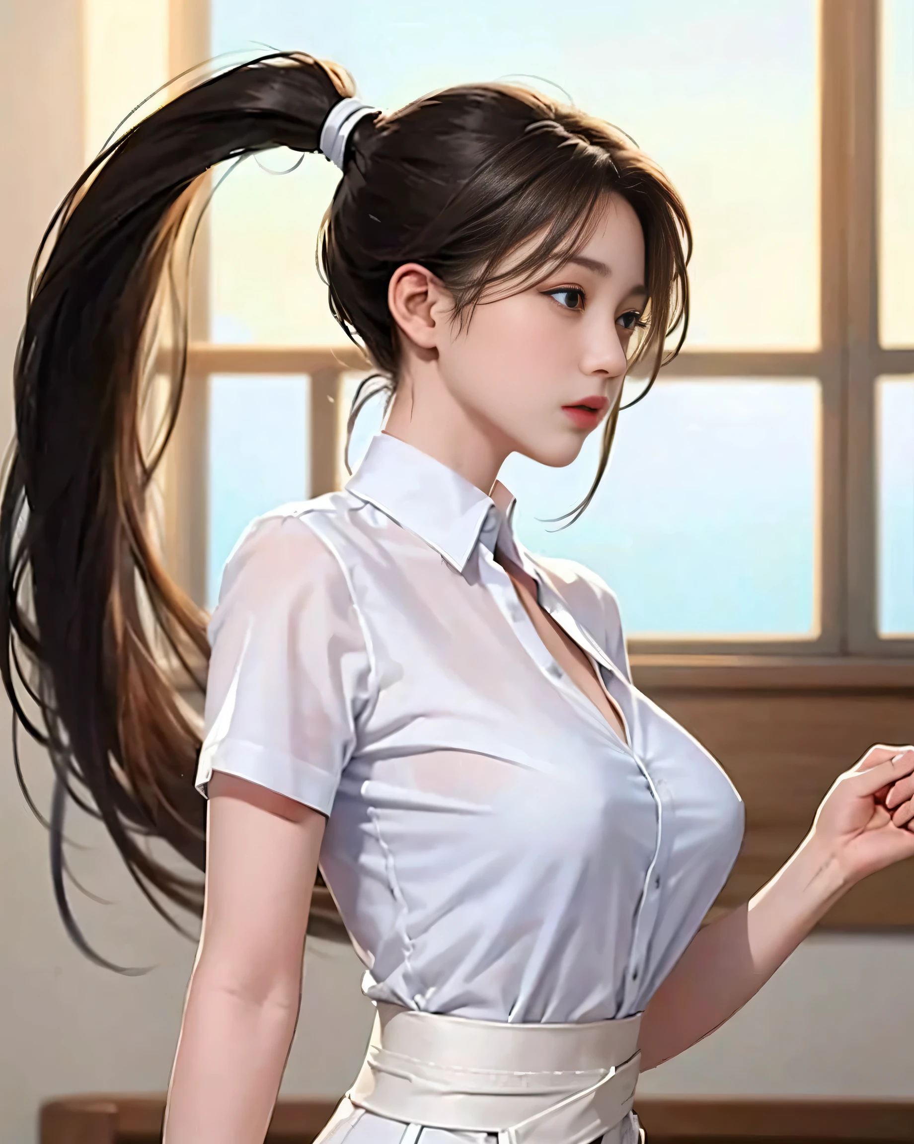 ((masterpiece, highest quality)), woman wearing a shirt , view from the side, with a ponytail，big breasts，thin waist