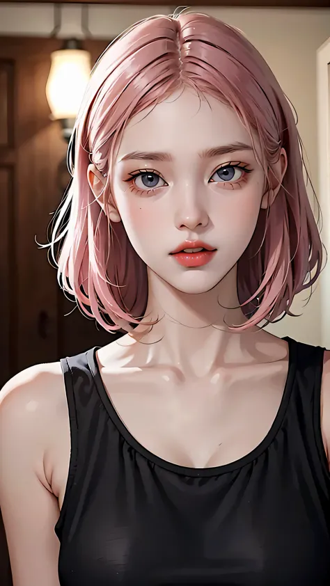 Beautiful girl with realistic black eyes, pale skin, Medium length pink hair, perfect face, perfect eyes, Wearing tight clothes,...