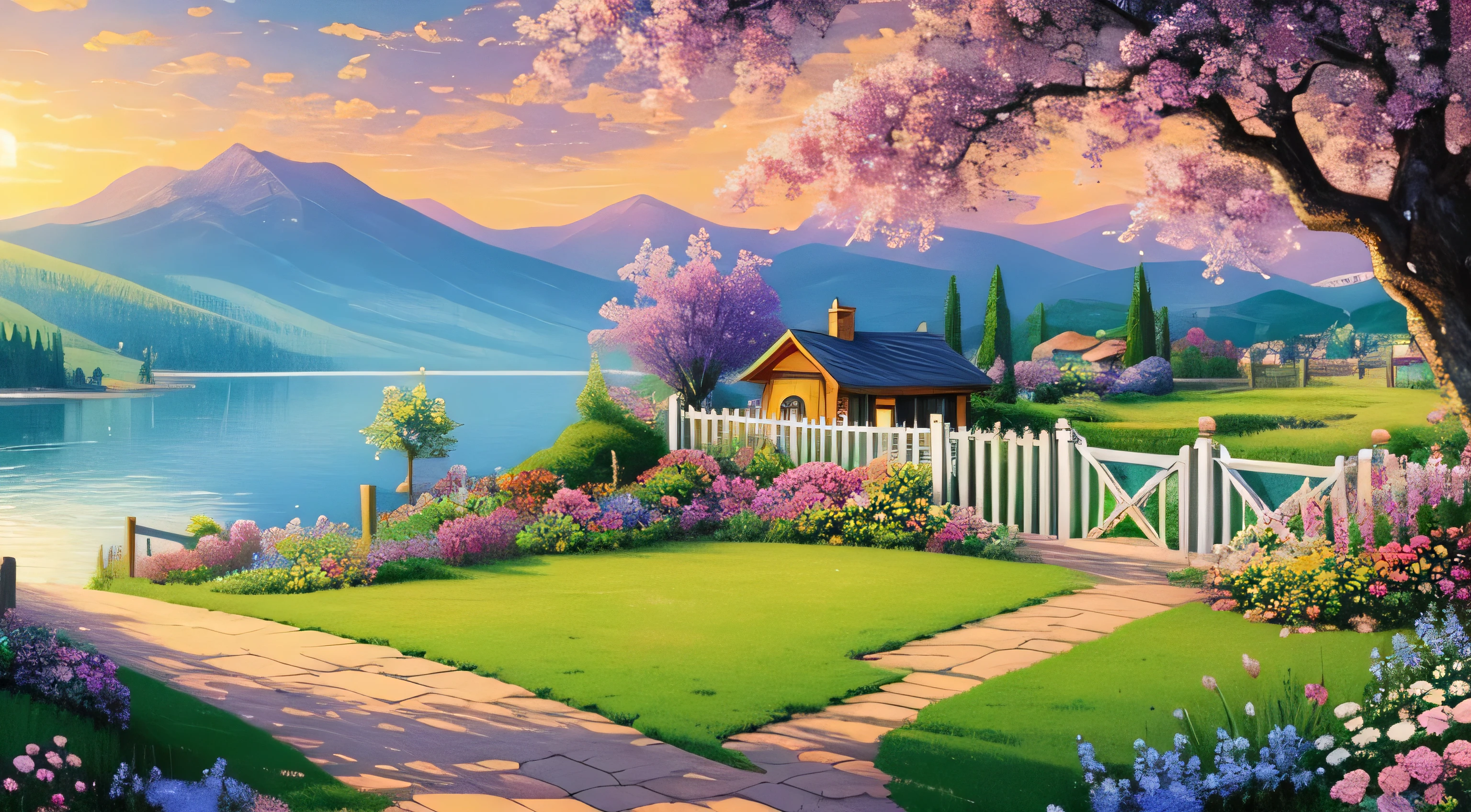 villa painting, flowers next to the fence, fence along the road,  Mountain landscape with lake and boats, Birds flying in the blue sky, Illustration Matte Paint,  Inspired by Thomas Kinkade, symmetrical matte paint, detailed scenery , a raw style, 8K ultra-detailed、sunrise、