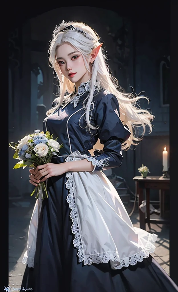 Chica anime con cabello blanco y vestido azul sosteniendo un ramo, hermoso mago celestial, hermosa pintura de personajes, germen artístico extremadamente detallado, hermosa y elegante reina elfa, wlop ross dibuja, Arte detallado de alta calidad 8k, estilo de arte de fantasía, ilustración de fantasía de anime, by Yang J, arte de fantasía detallado, fanart mejor estación de arte, Wlop y Ross dibujan