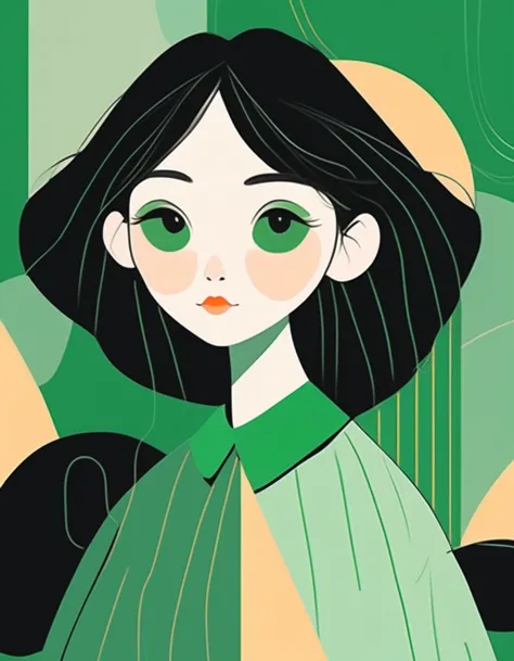 a girl,simple lines and outline,stripes and shapes,soft color tone,green,black background,flat illustration,look into the camera,Minimalism