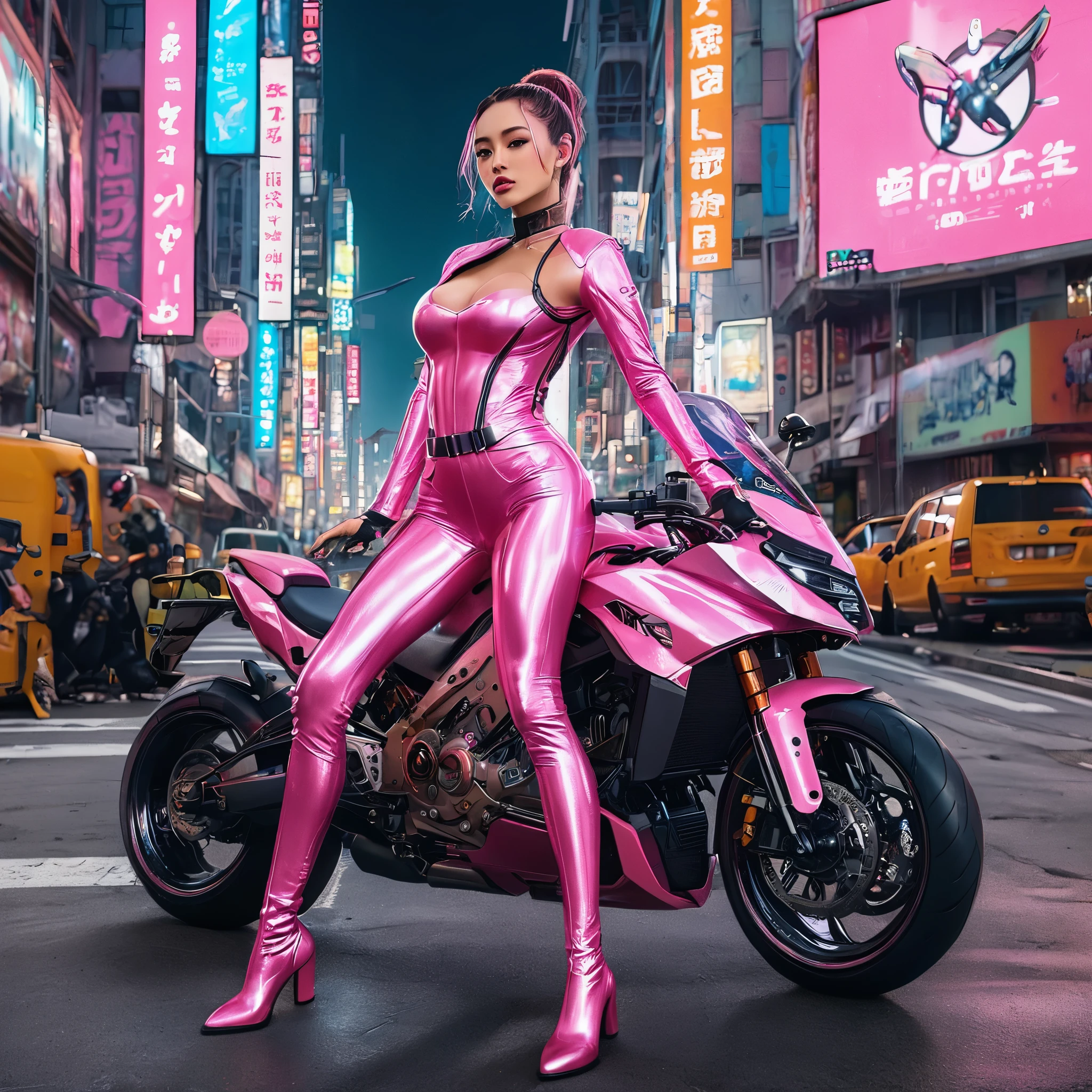 (highest quality、4k、8k、High resolution、masterpiece: 1.2)、Super detailed、(real、photorealistic、photorealistic: 1.37)、SF、beautiful young woman、bounty hunter、Cybernetic Weapons、cyberspace、High Tech City、Shining neon lights、((futuristic fashion:1.37))、((Skin-tight light pink metallic outfit:1.37))、((Ride the motorcycle of the future))、intense action、Fast-paced、Exciting soundtrack、explosion、Advanced technology、Sharp contrast、Gritty atmosphere、Black Market Trading、Skyline at night、Steampunk elements、Laser gun combat、Hidden Alley、hovering drone、Enhanced Vision、The unforgiving metropolis、Cybernetic Implants、Secret organizationysterious Informant、High Speed Chase、Impressive acrobatics、Colorful holograms、Urban Exploration、Navigating Virtual Reality、A diverse and multicultural society、Dystopian society、 Crowded city street、hall々A high-rise building、Android Companion、Illegal cybernetic modifications、A heart-pounding adrenaline rush、Heroic determination、Glass reflection、