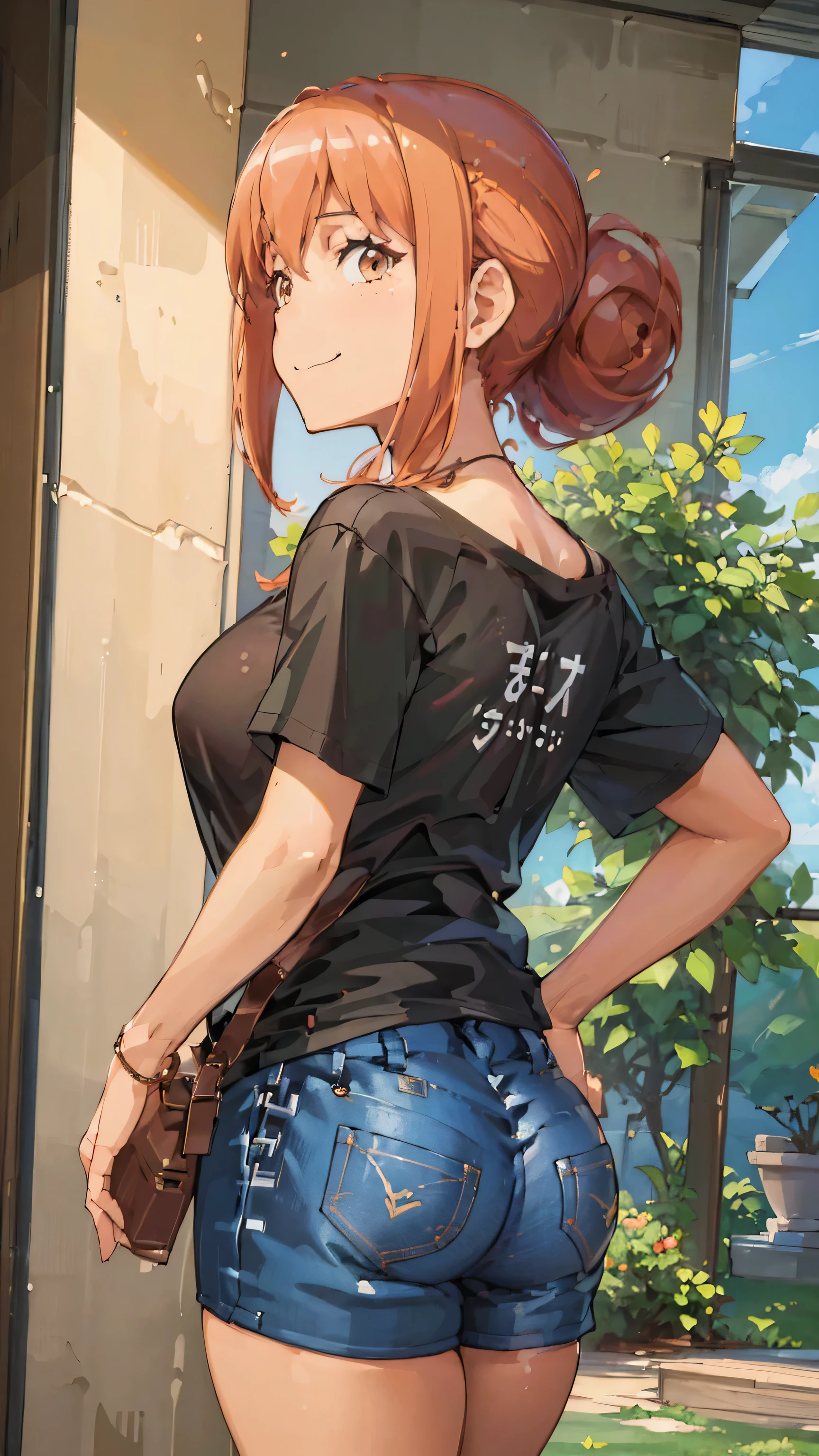 Anime girl in short shorts and a black shirt standing in front of a window  - SeaArt AI