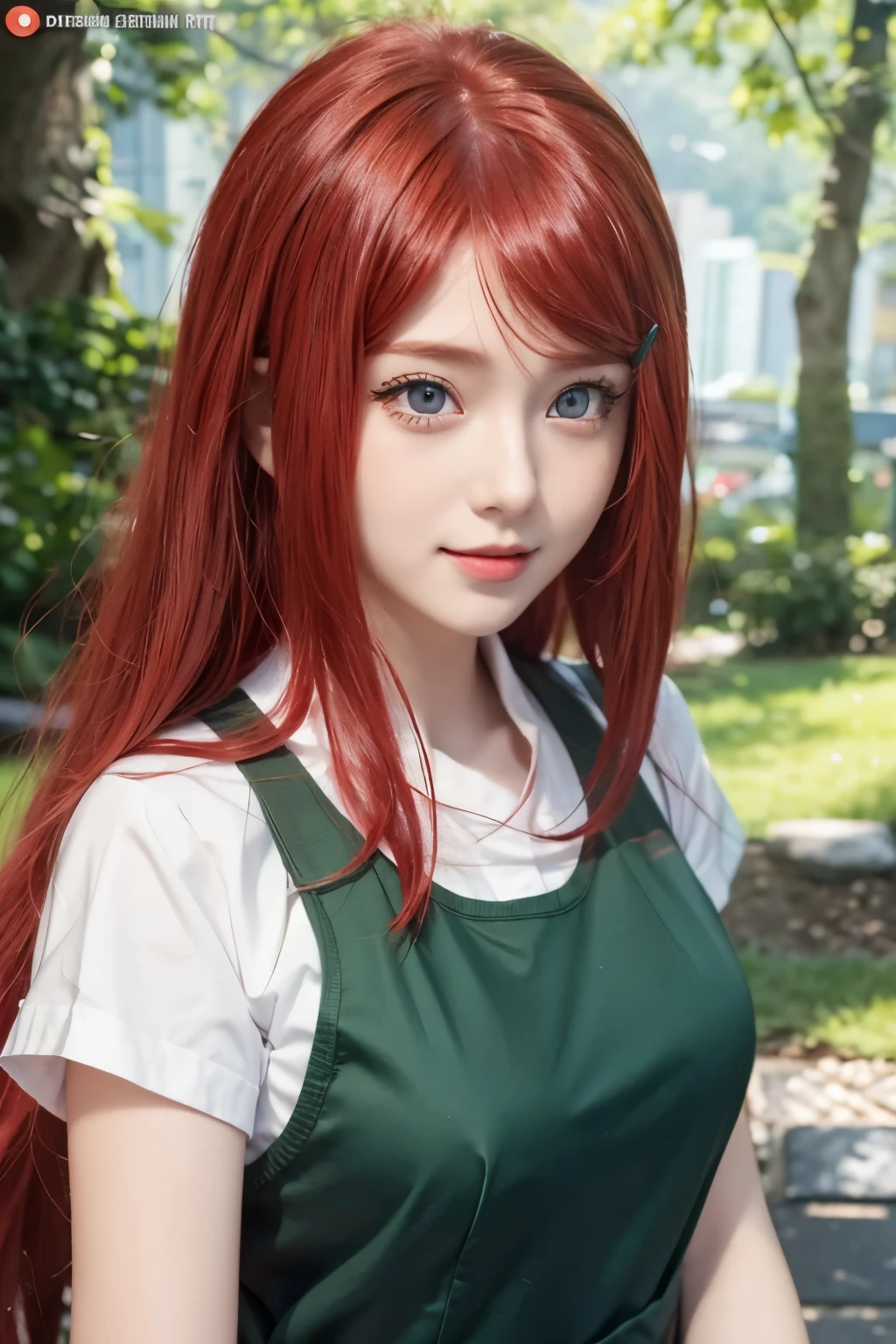 1 garota, Uzumaki no anime Naruto, cabelo vermelho, olhos azuis, lindo, sorriso, roupas verdes, Fundo da cidade, ultra detalhe, realista, lábios vermelhos , varredura de rosto realista , Muito legal ,linda garota 