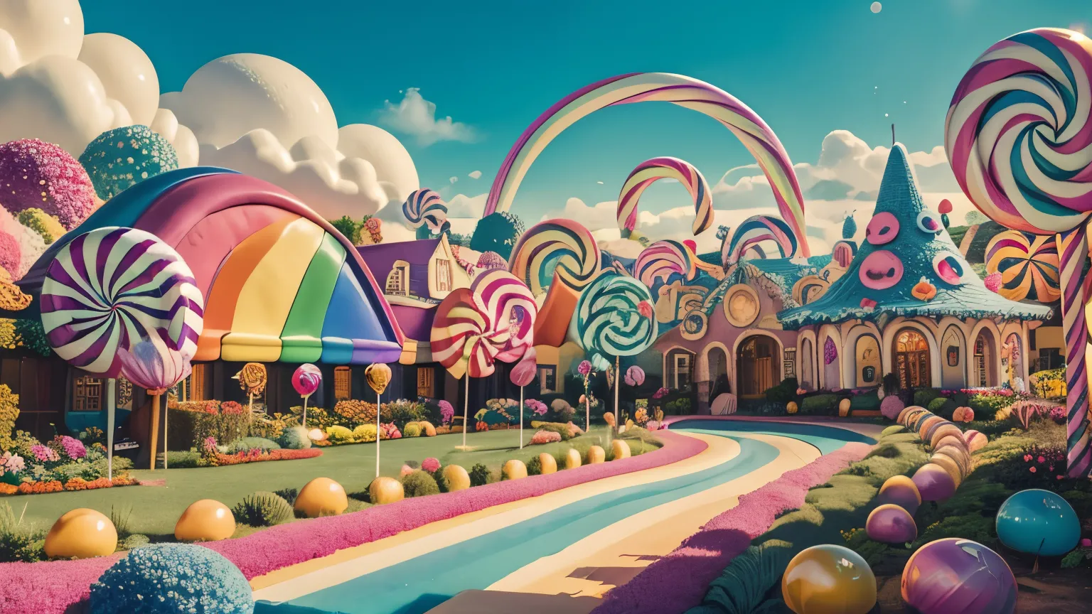 (Masterpiece, best quality),8k,an (enchanted) (magical) (garden),fairy tales,vibrant colors,gorgeous color grading,surrounded by magic on a dreamlike mountain,harmonious colors,8k,intricate detail,digital art,sharp focus,fairy tales,(candyland:1.5),ice cream,fantasy,rainbow,balloon,colorful,((shiny)),natural lighting,cake,candy,happy,divine proportions 