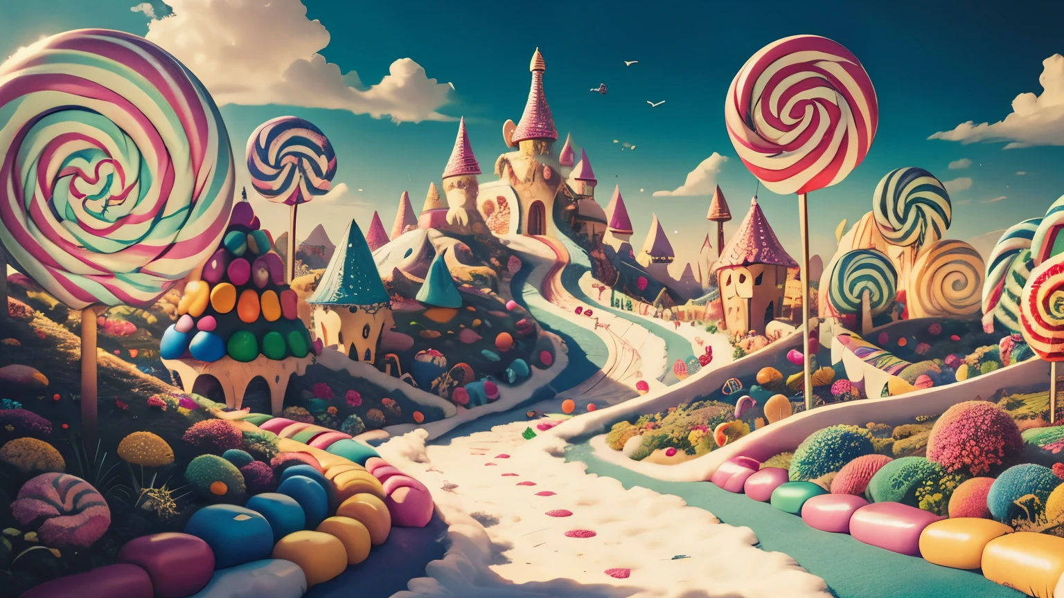 (Masterpiece, best quality),8k,an (enchanted) (magical) (garden),fairy tales,vibrant colors,gorgeous color grading,surrounded by magic on a dreamlike mountain,harmonious colors,8k,intricate detail,digital art,sharp focus,fairy tales,(candyland:1.5),ice cream,fantasy,rainbow,balloon,colorful,((shiny)),natural lighting,cake,candy,happy,divine proportions 